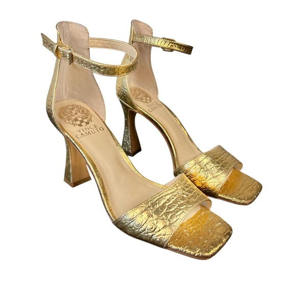 Vince Camuto Ressera Gold Croc Embossed Sandal Heels with Ankle Strap, Size 6 - Picture 3 of 9